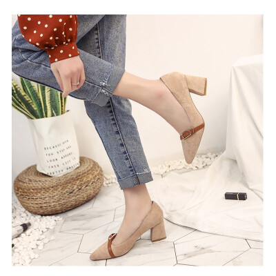 

2018 Korean version of suede womens shoes belt buckle knot with single shoes female autumn fashion wild shallow mouth pointed tre