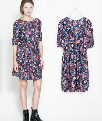 

Spring & Summer Fashion Womens Chic Backless Floral Printted Slick chiffon Dresses Half Sleeve Dress