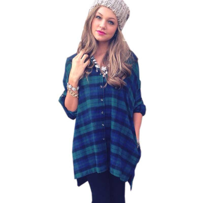 

2015 New Autumn And Winter Cotton Blouse Fashion V neck Blue Blouses Long Section Of Mixed Colors Plaid Blouse Shirt