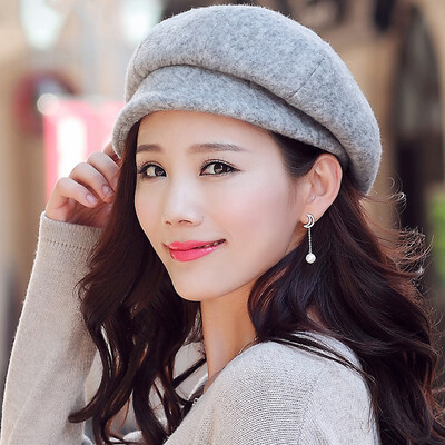 

Lan Shi rain hat female autumn&winter Korean version of the tide solid color wool beret ladies octagonal hat cap M0360 gray