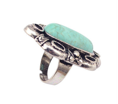 

Idealway Bohemian Tibetan Silver Vintage Oval Natural turquoise Adjustable Carved Round Flower Females Statement Ring