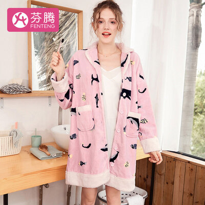 

Fen Teng Ms Coral Velvet Pajamas Nightdress 2018 Autumn&Winter New Print Lapel Cardigan Casual Jade Rabbit Velvet Long Sleeve Home Wear J98941564 Pink Purple