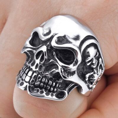 

Hpolw New Fashion Men Silver&Black Stainless Steel 316L Skull/Skeleton and Bone Gothic Vintage Biker Ring