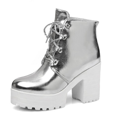 

IDIFU Womens Stylish Burnished Lace up Round Toe Block High Heel Platform Ankle Boots