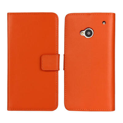 

MOONCASE Cowskin Leather Side Flip Wallet Card Pouch Stand Back Case Cover For HTC One M7 Orange