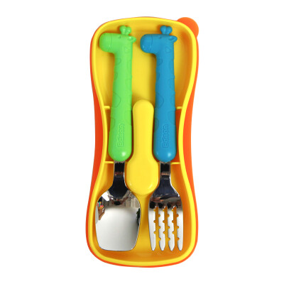 

Korea Edison childrens tableware baby spoon fork set childrens stainless steel fork spoon set giraffe series big children models green blue 4 years old