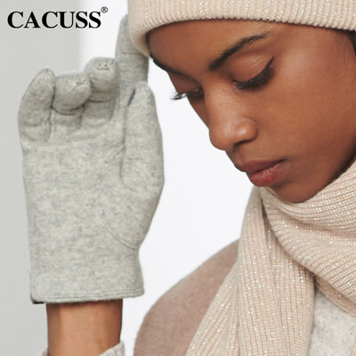 

CACUSS S0082 pure wool gloves female autumn&winter new yarn knitting twisted flower double thickening plus velvet touch screen warm gloves ladies light gray