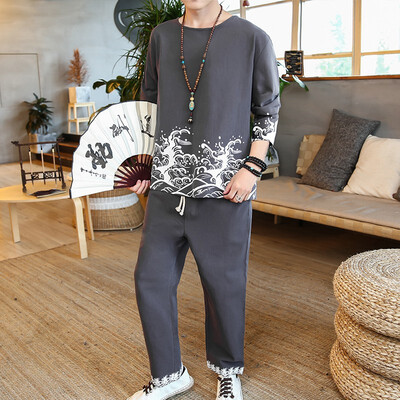 

China Style Large Size Exclusive Print Long Sleeve Pants Set
