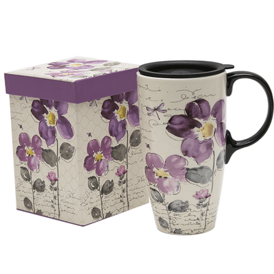 

Tall Ceramic Travel Mug 17 oz Sealed Lid With Gift Box Purple Flower purple flower