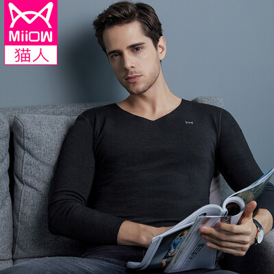 

Cat man mens thermal underwear mens graphene material classic V-neck solid color cotton autumn clothes long pants mens warm clothes plus velvet thickening base warm mens shirt black