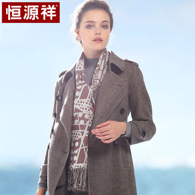 

Hengyuanxiang wool scarf ladies spring&autumn winter warm thin section European&American style retro long paragraph bib double-sided wave point 50MB1837 white coffee jacquard