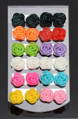 

Rose Earrings Fashion Jewelry Mixed Lots 12 Pair Display Resin Flower Coloful