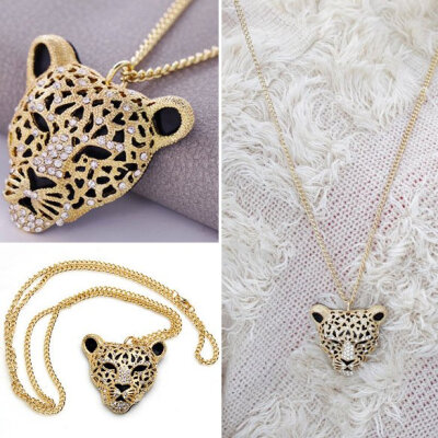 

Fashion Rhinestone Leopard Tiger Head Chain Necklace Sweater Golden