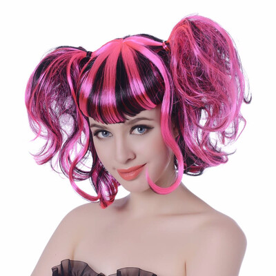 

12" Short Wig With Bangs Synthetic Fake Hair Pink Black White Color Mixing Custom Cosplay Wigs For Women Heat Resistant 160g