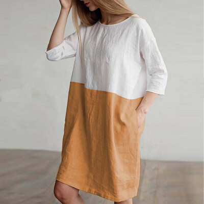 

New Arrival Spring Summer Autumn Cotton Linen Women Dress Three Quarter Sleeve Round Neck Loose Mini Dress with Pocket 5 Colors