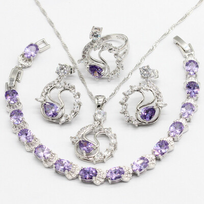 

925 Silver Jewelry Sets For Women Purple Violet Semi-precious Bracelet Stud Earrings Necklace Pendant Rings
