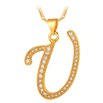 

U7 2016 Fashion V Letter Design Capital Initial Necklace Women Men Jewelry Platinum /Gold Plated Alphabet Letter Necklace