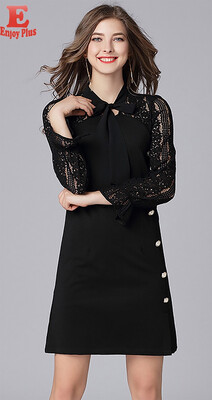 

XL XXL 3XL 4XL 5XL plus size office new autumn 2018 women dress long sleeve big size elegant lace hollow out bow midi lady OL