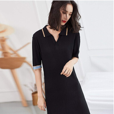 

Ice silk knit dress female POPL collar 2018 new womens summer loose T-shirt large size was thin five-point sleeve