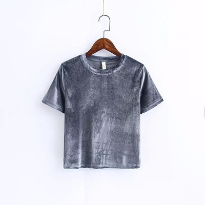 

Summer Velvet Crop Tops Women T Shirt Fashion Back Slit Short Sleeve T-shirt