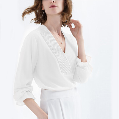 

CANVAUS 2018 Summer New Womens Clothing Tops Blouse Solid Slim Straight Loose V-neck Long Sleeve Chiffon Shirt