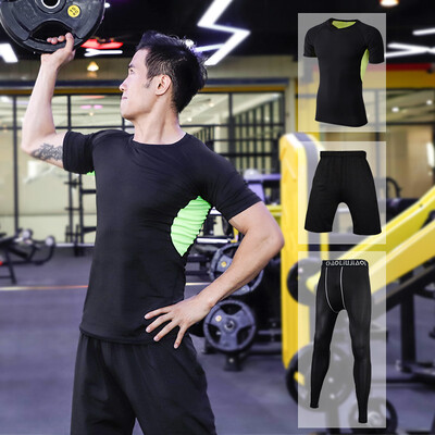 

Fan Dimu sports suit mens fitness clothing tight body quick-drying breathable moisture wicking running basketball suit fitness clothing men FNZ9001-mesh green - short-sleeved three-piece -M