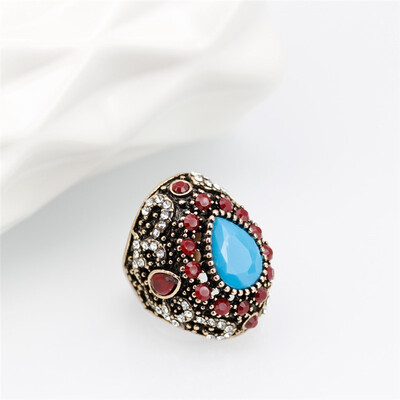 

Bohemia Big Water Drop Resin Vintage Rings For Women Antique Gold Color Black Enamel Noblewoman Retro Wedding Rings Wholesale