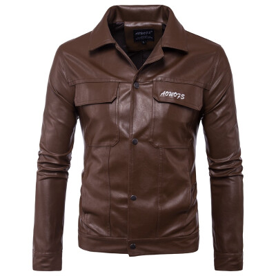 

AOWOFS European code foreign trade new mens motorcycle leather letters embroidered leather jacket jacket D105