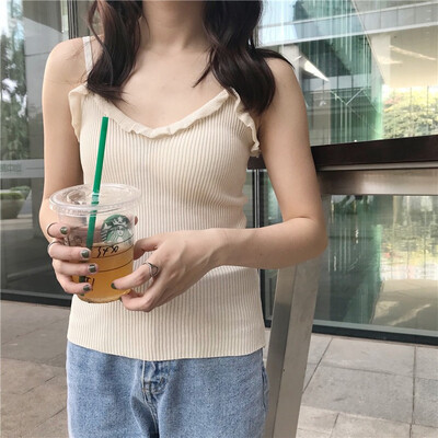 

Women Korea Style Casual Spring Summer Sleeveless Knitted Shirt Vest Pullover Bodycon Cotton Short Tank Tops