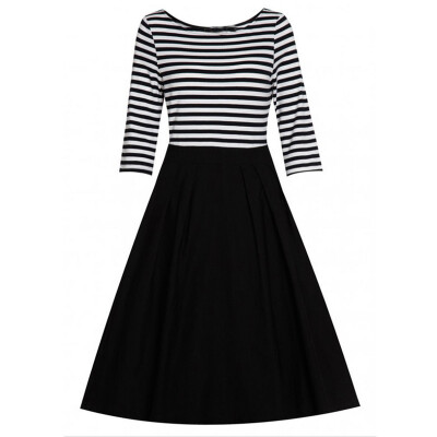 

Retro Striped Stitching Round Neck Sleeve Dress Big Skirt