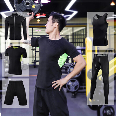 

Fan Dimu Sports Suit Mens Fitness Wear Breathable Quick-drying Elastic Training Basketball Sportswear Running FNZ9001-Mesh Green-Short-Sleeve Jacket Five-Piece Set