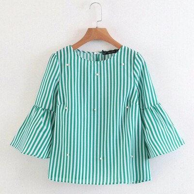 

summer women elegant pearls beading striped shirt with flare sleeve