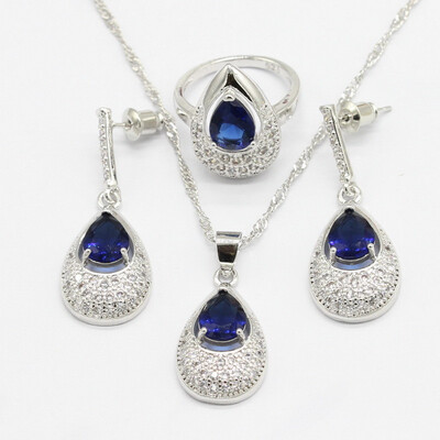 

925 Silver Bridal Jewelry Sets For Women 7 Colors Necklace Pendant Long Earrings Rings Free Gift Box