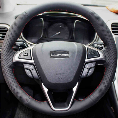 

LUNDA Black Leather Car Steering Wheel Cover for Ford Fusion Edge 2015 2016 Mondeo 2013 2014 hand-stitched steering wheel cover