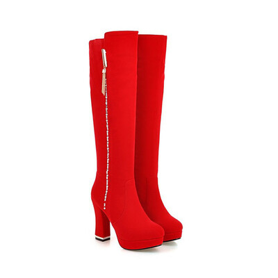 

IDIFU Womens Elegant Faux Suede Rhinestone Round Toe High Chunky Heel Platform Knee High Long Boots with Side Zipper