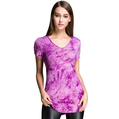 

POPBASIC Ladies Plain Short Sleeve V-Neck Round Hem Cotton Spandex Multiple Colors Tied Dyed T-shirt