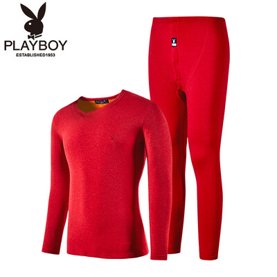 

Playboy thermal underwear mens suit plus velvet thick wool V-neck bottoming autumn clothes long pants warm suit male 8316 red XXXL