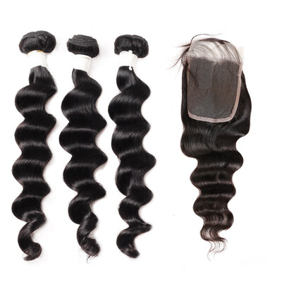 

Allove Remy Hair Brazilian Human Hair Weave Loose Deep 3pcs Bundles with Lace Closure Virgin Cheap Hair Extensions