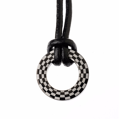 

Mens Stainless Steel Check Pattern Silver Circle Leather Necklace