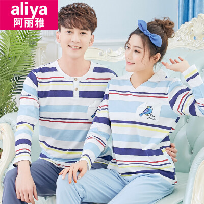 

Aria pajamas women autumn cotton long-sleeved couple pajamas men autumn cotton student ladies home service female autumn suit ALY20022-15 female color strip bird