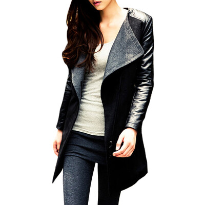 

CT&HF Fashion Autumn Winter Coat Women Long Sleeves PU&Woolen Outerwear