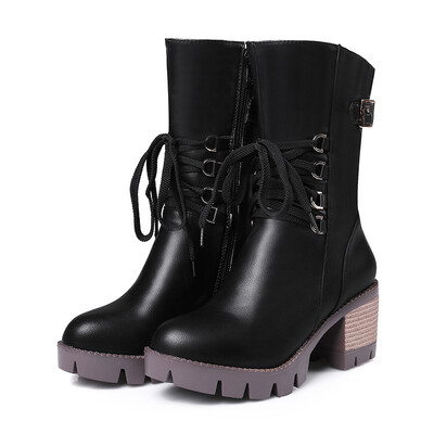 

IDIFU Womens Unique Buckle Strap Round Toe Platform Medium Block Heel Side Zipper Mid Calf Boots