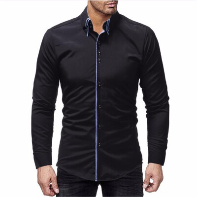 

2018 new best selling mens shirts double-layer collar door edging mens casual slim long-sleeved shirt solid color long-sleeved