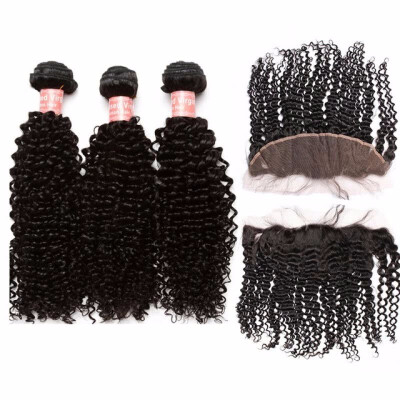 

3B 3C Kinky Curly Hair Bundles With Frontal Closure Brazilian Virgin Hair Weave 3 Bundles With Lace Frontal Hair Extension Dolago