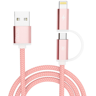 

Нейлоновый кабель и Lightning 8pin для зарядки и передачи данных BIAZE K2 Комбинированный кабель- розовое золото
