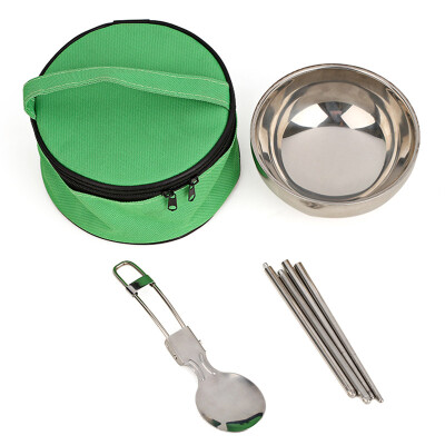 

Kelipi portable green tableware set outdoor camping travel tableware stainless steel spoon chopsticks bowl three-piece round bag green KLB1126