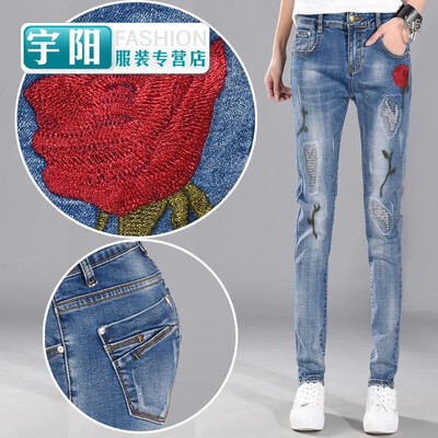 

Spring new rose embroidery harem pants denim trousers girls embroidered feet pants loose tide