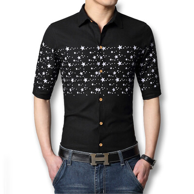 

New Men Linen Shirts Short Sleeves 2016 Fashion Slim Men Cotton Shirts Printed Plus Size  White Black Dress Casual Men Shirts