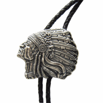 

Vintage Silver Plated Oval Western Chielf Wedding Leather Necklace Bolo Tie