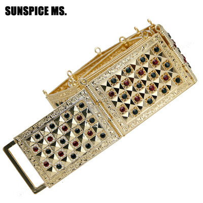

SUNSPICE MS Wedding Belt Jewelries Metal Waist Belt Crystal Gold Color Crystal Adjustable Length Square Button Waistband Gifts